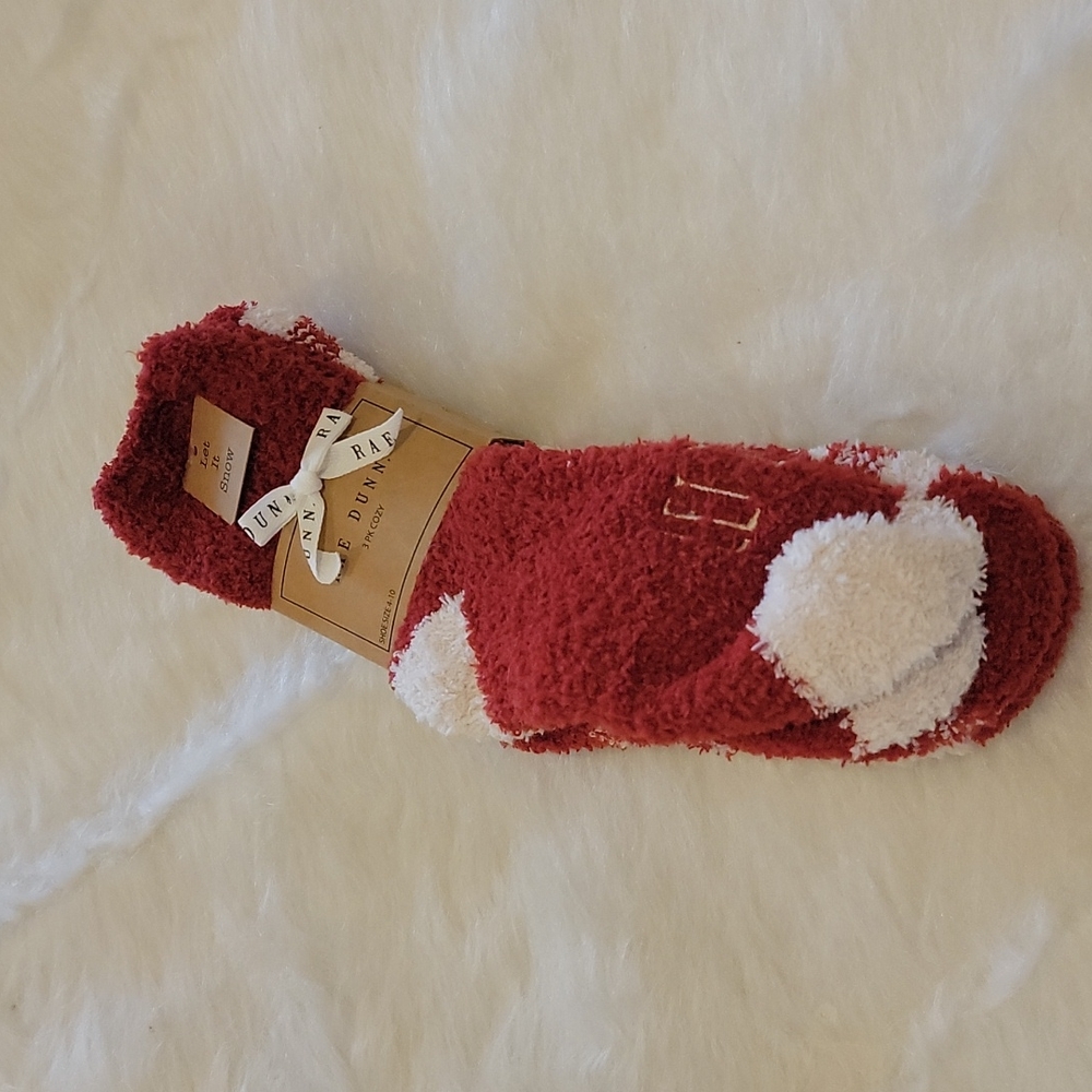 RAE DUNN 3 Pk Red Cream Embroidered Loungewear Cottage Winter Soft‎ Cozy Socks